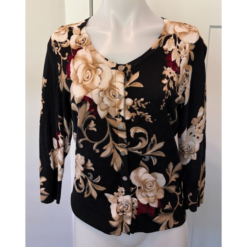 White House Black Market Womens Cardigan Sweater 3/4 Sleeve Black Tan Size M